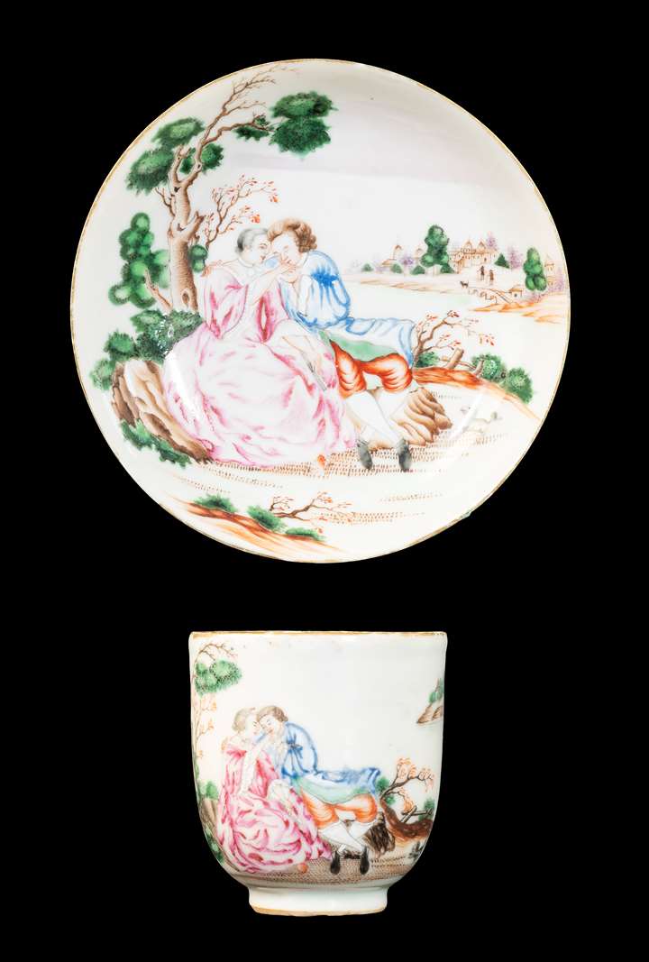 GG: Chinese export porcelain famille rose cup and saucer with European Subject